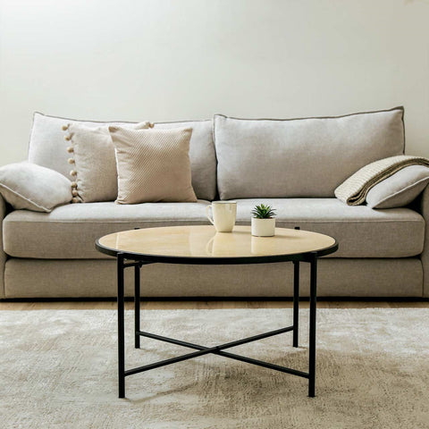 45cm Black Metal Coffee Table with Travertine Marble Top