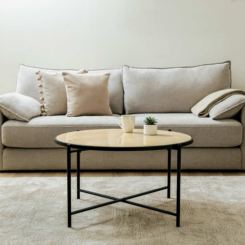 45cm Black Metal Coffee Table with Travertine Marble Top
