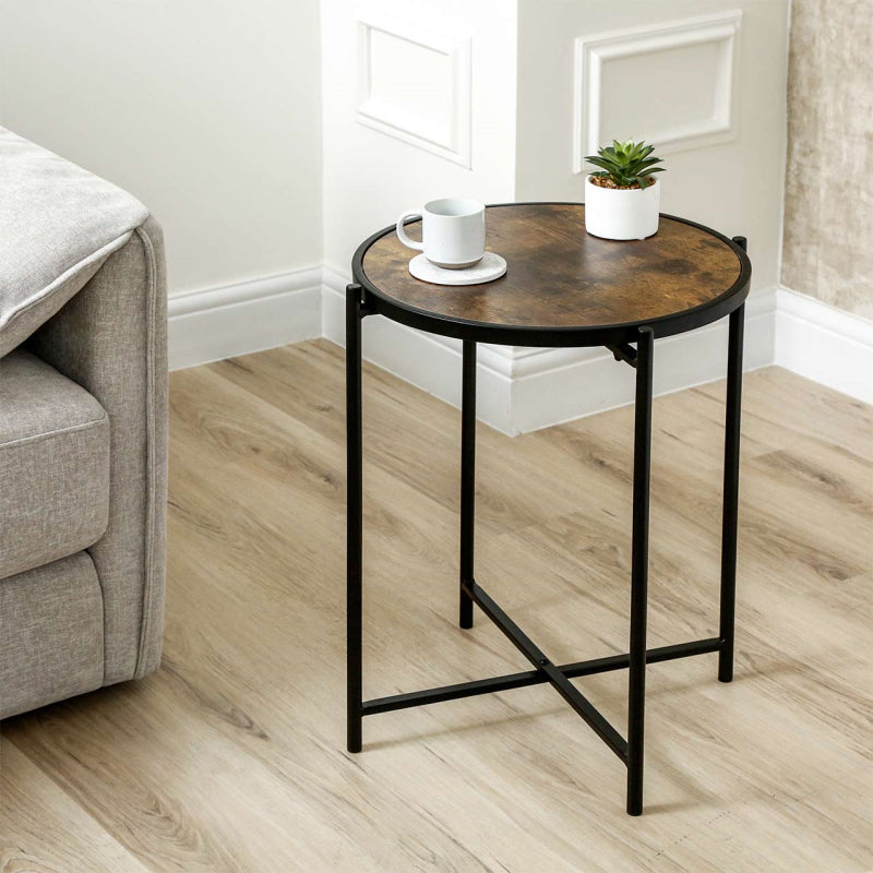 55cm Black Metal End Table with Brown Wooden Top