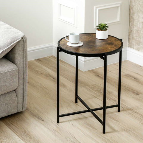 55cm Black Metal End Table with Brown Wooden Top