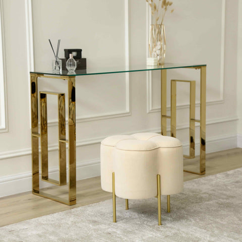 45cm Cream Velvet Clover Ottoman with Gold Legs