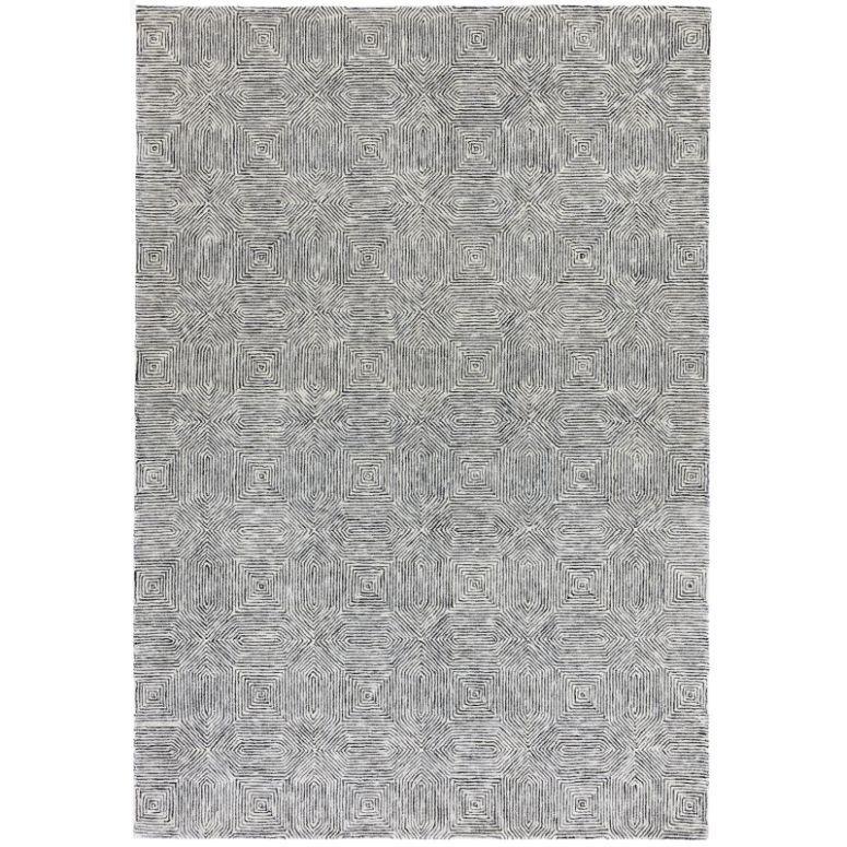 Grey geometric pattern rug with square maze design, view from above