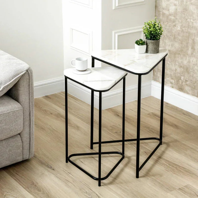 Set of 2 Black Metal Nesting Table with White Marble Top