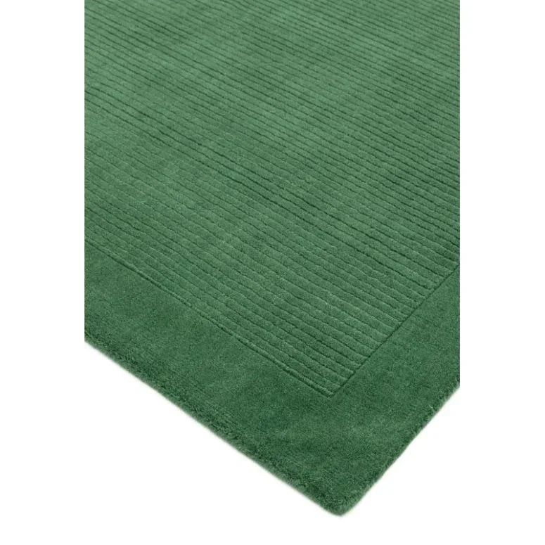 Green area rug with textured linear pattern and solid border, corner view