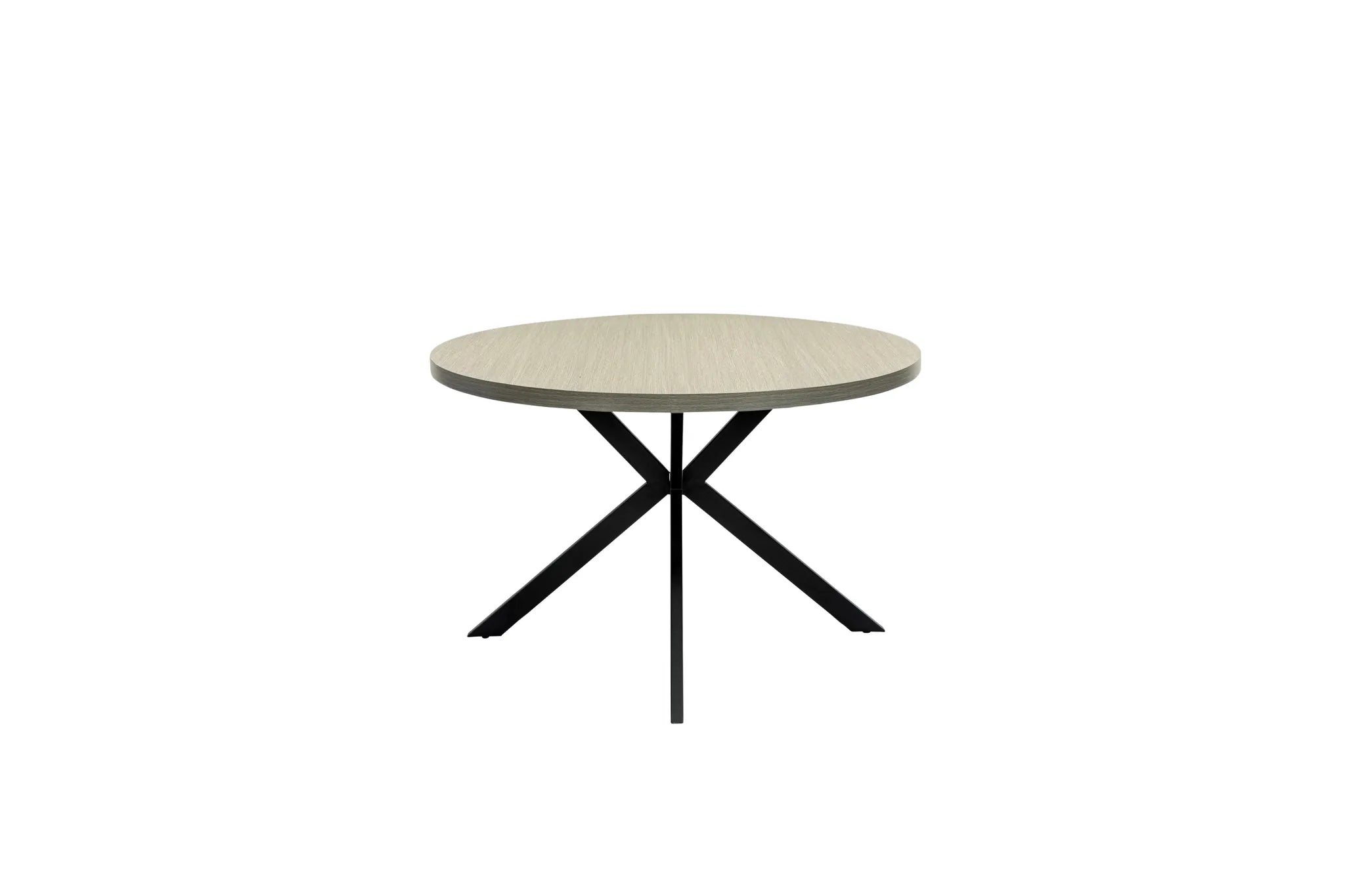 A round dining table with a light beige wood-grain top and a black metal X-shaped base, shown against a plain white background.