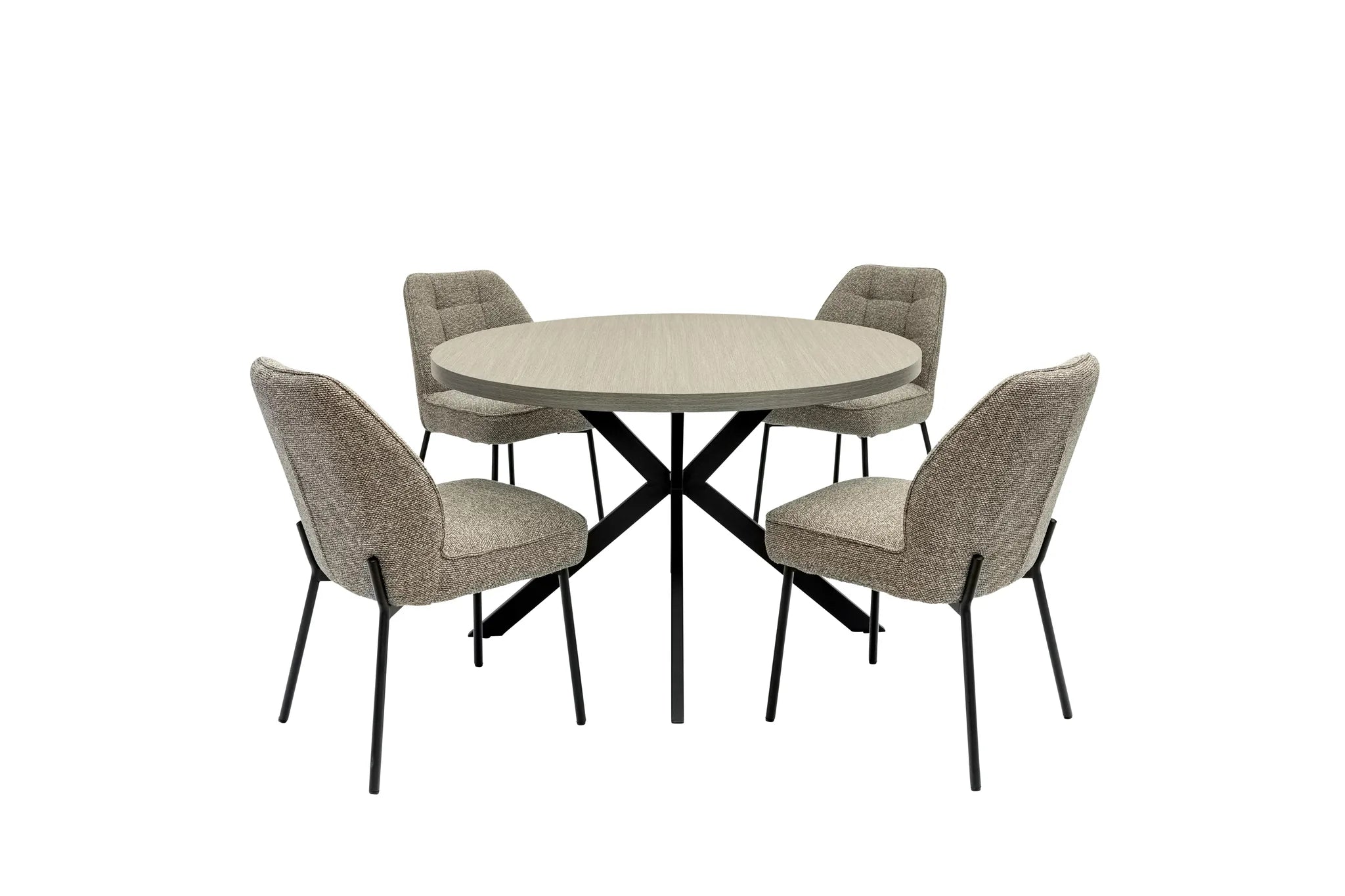 Dining table set with four chairs on a white background
