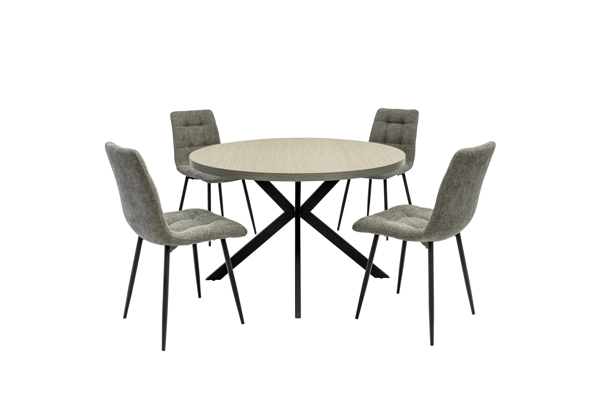 A round dining table set with four upholstered chairs, featuring a light beige wood-grain tabletop and a black metal X-shaped base, set against a plain white background.