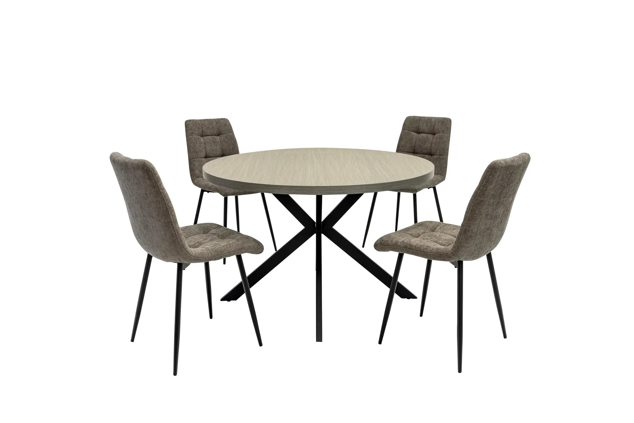 Round dining table with four matching chairs on a white background