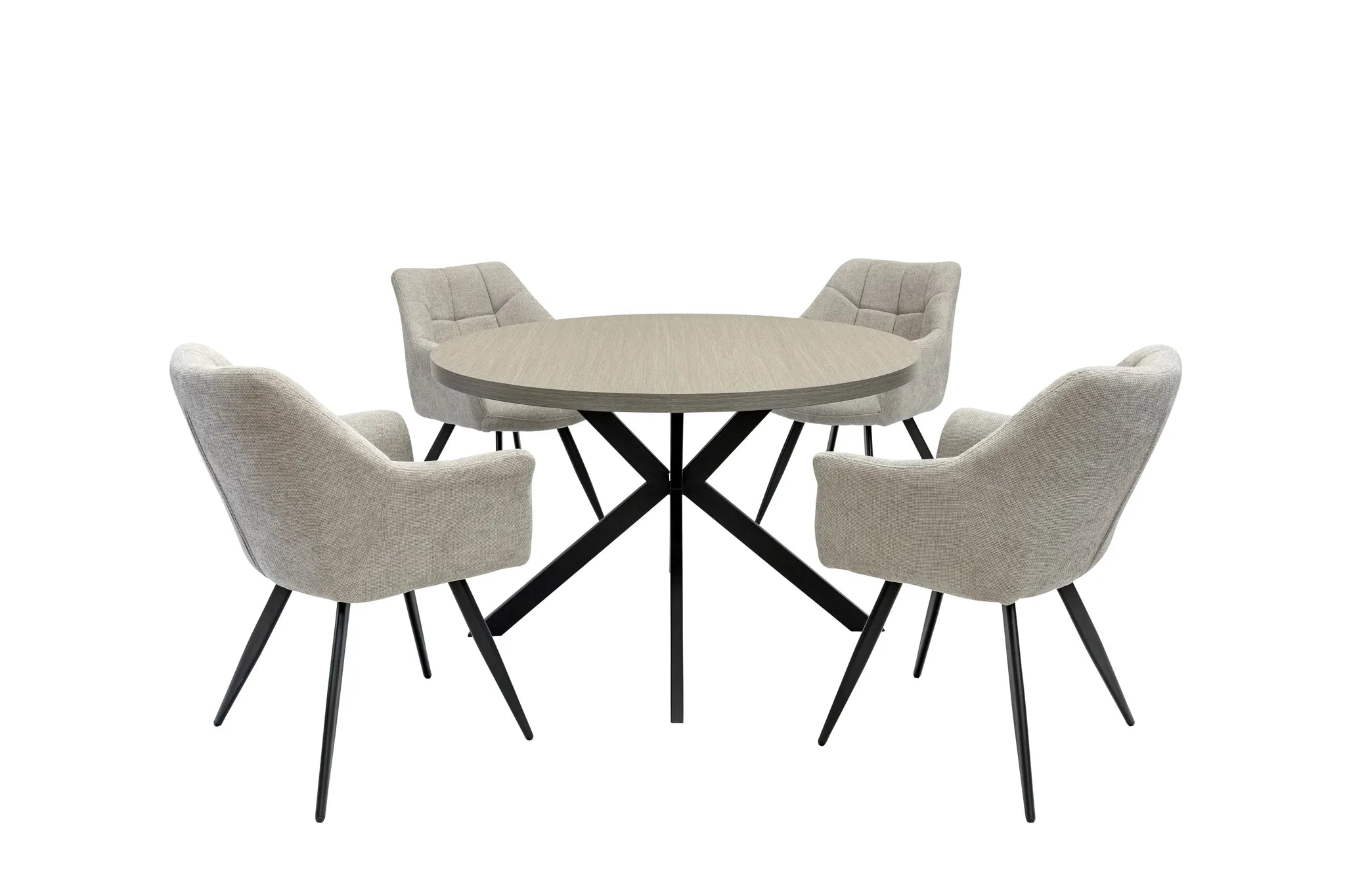 A round dining table set with four upholstered chairs, featuring a light beige wood-grain tabletop and a black metal X-shaped base, set against a plain white background.