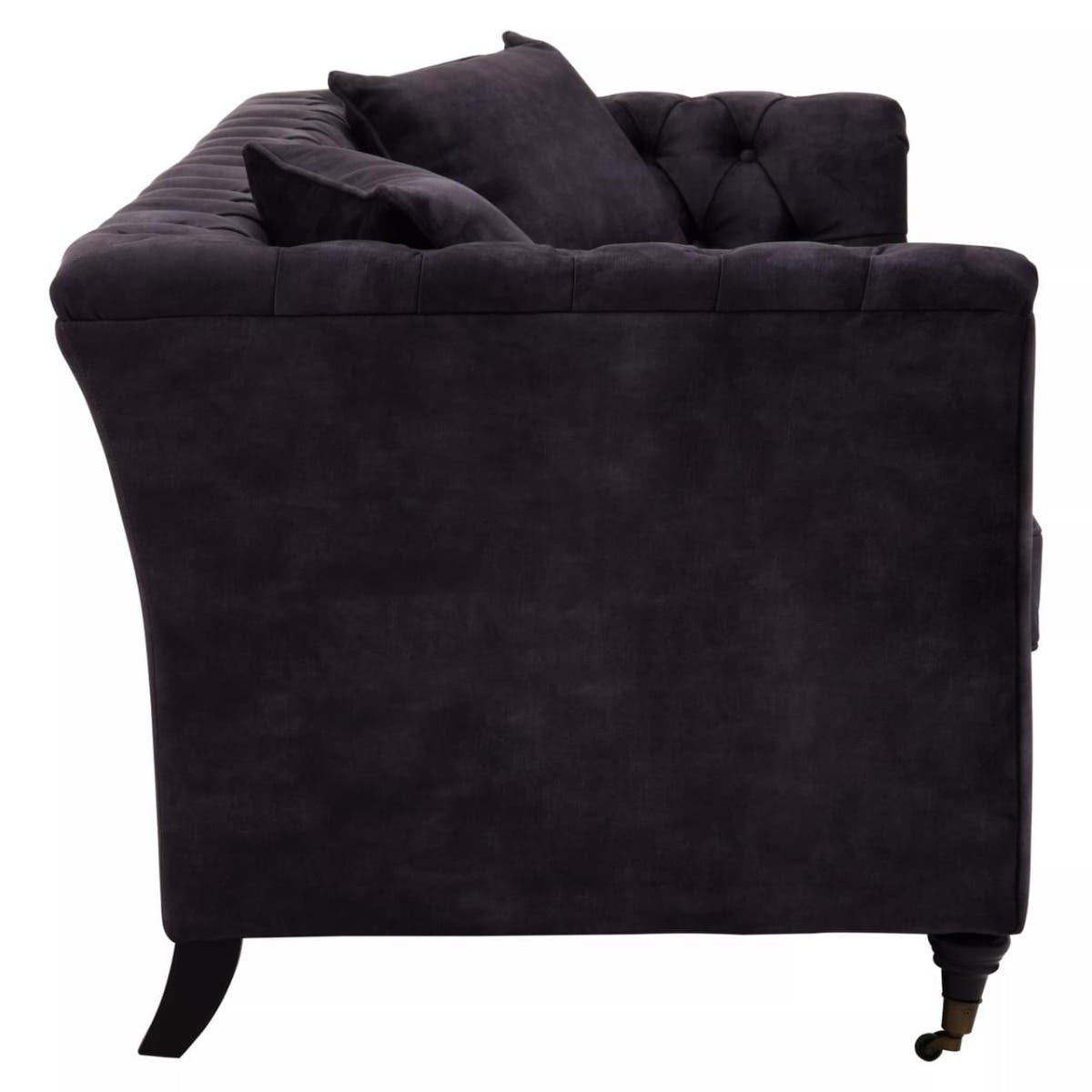 Three-seat sofa upholstered in grey velvet, featuring a tufted backrest and plush cushions. The sofa has a sleek silhouette with gently curved arms and tapered wooden legs