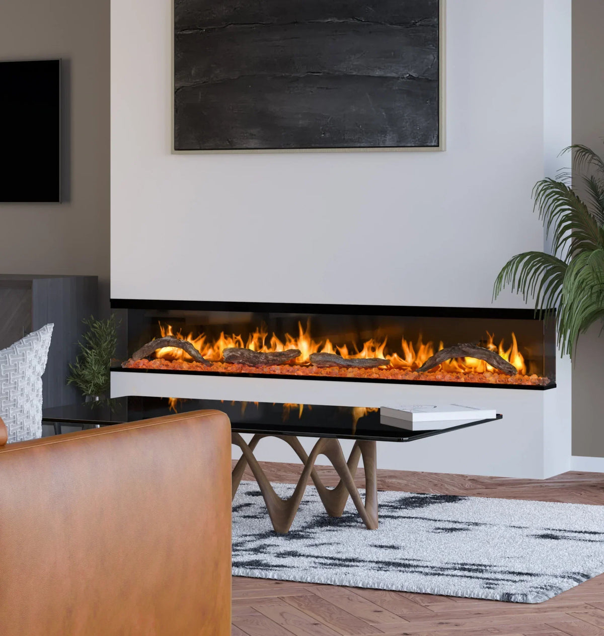 Modern electric fireplace with realistic flame, black glass coffee table, and patterned rug