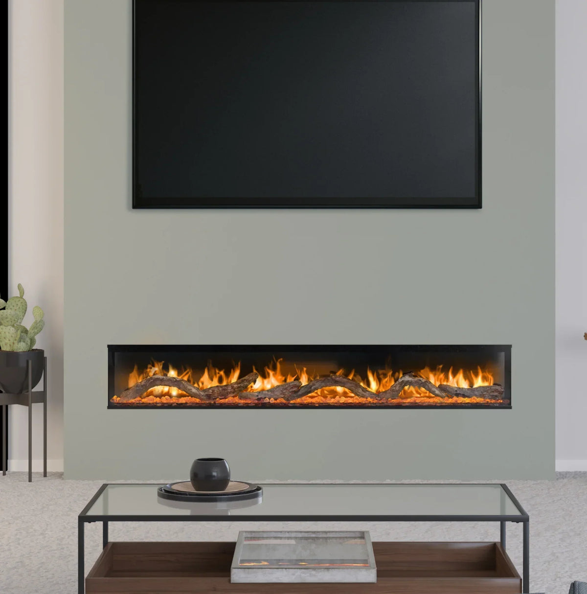 Wall-mounted electric fireplace below flat screen TV in modern living room setting
