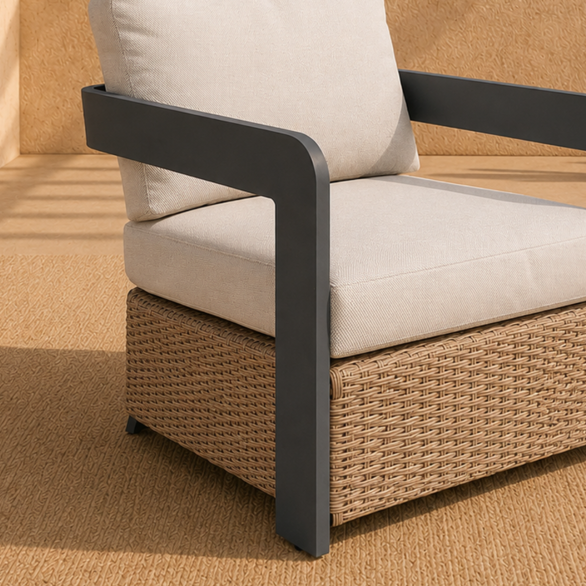 Beige fabric cushions with black metal armrest and woven rattan base on textured floor