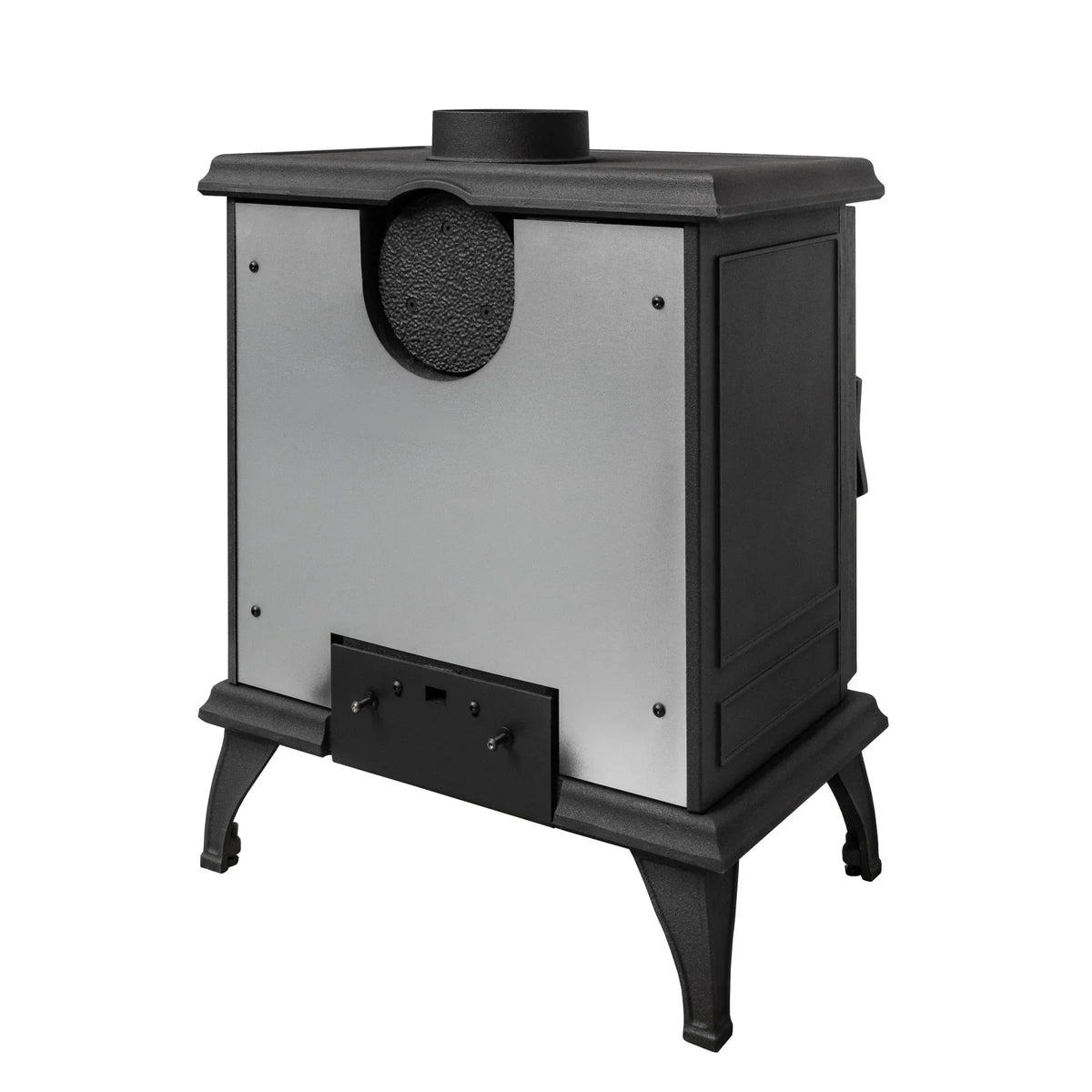 Freestanding cast iron wood burning stove with silver side panels and black legs