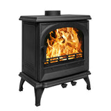 Black cast iron wood burning stove with flames visible through arched front glass
