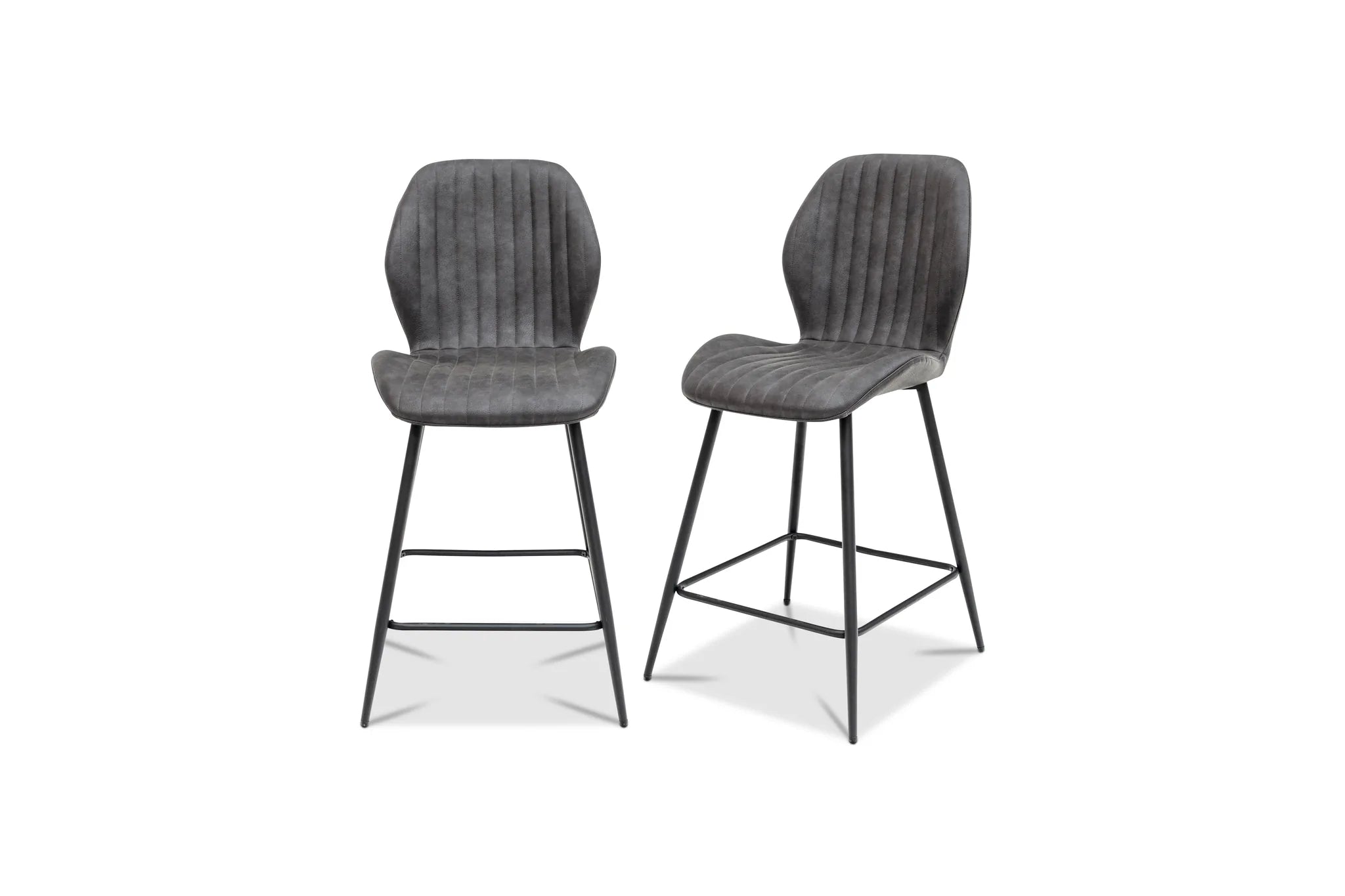 Two gray bar stools with black metal legs on a white background