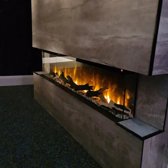 Modern electric fireplace with glass sides and realistic flame effect in grey surround