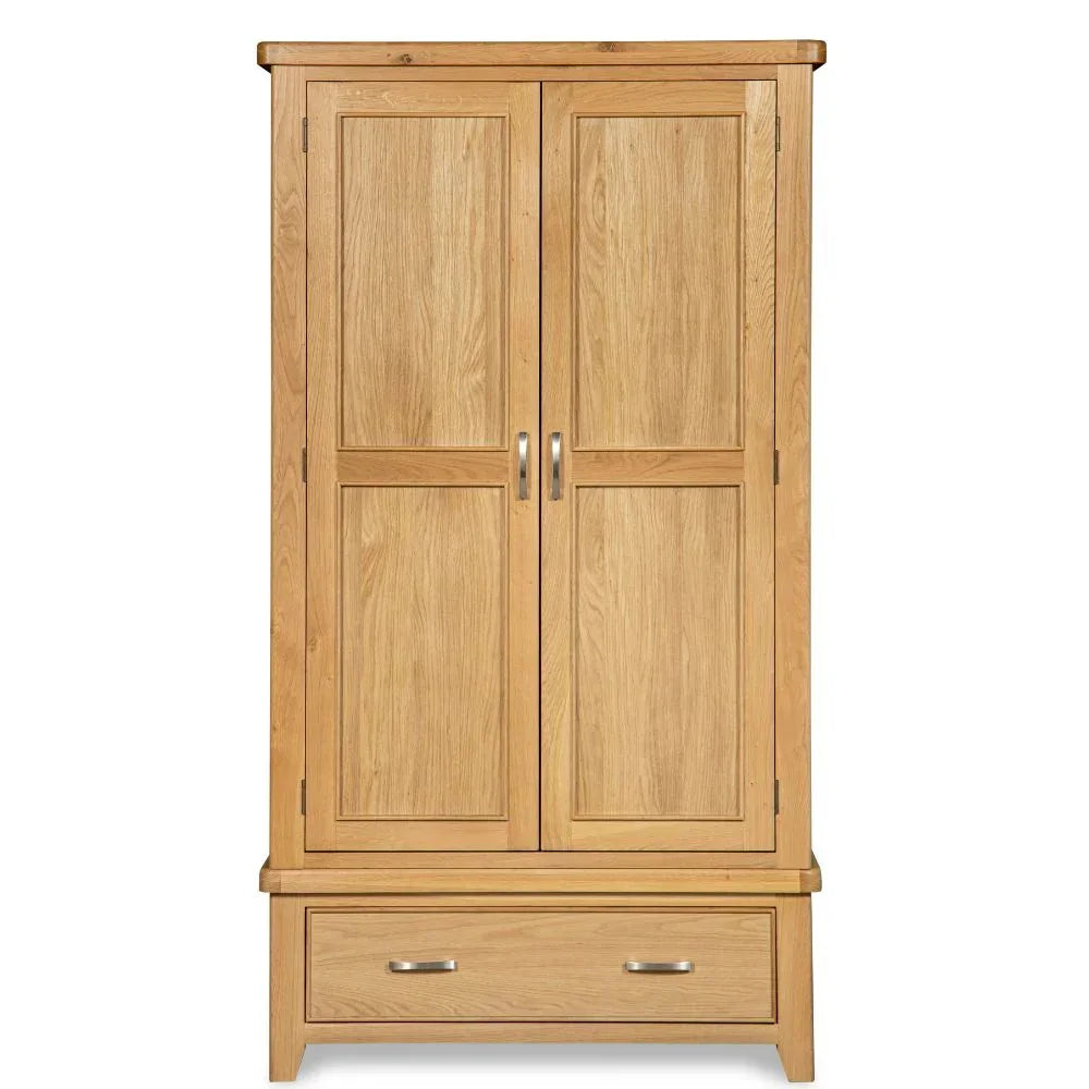 Oak 2-door wardrobe with front drawer and metal handles, straight-on angle