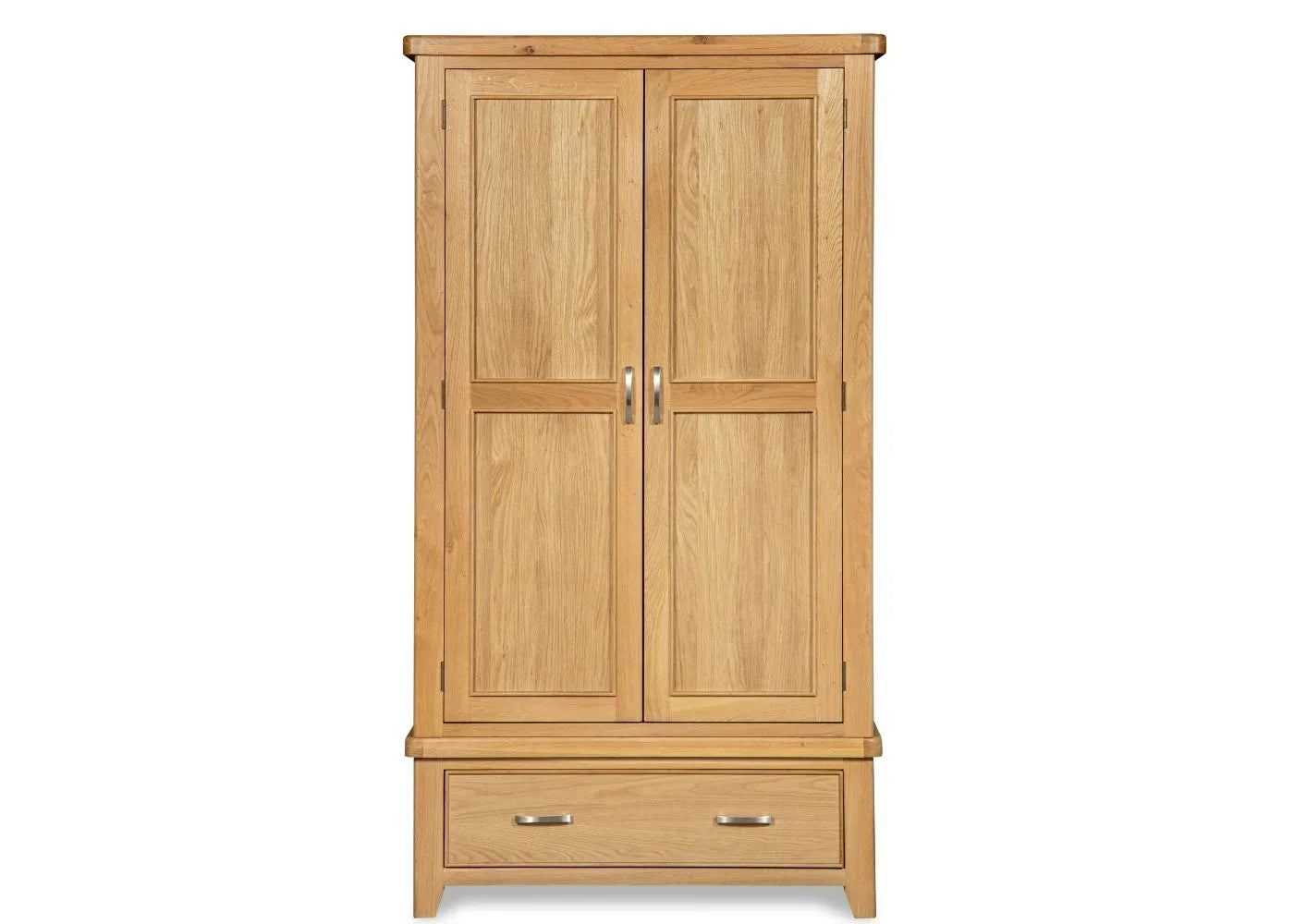 Oak 2-door wardrobe with front drawer and metal handles, straight-on angle