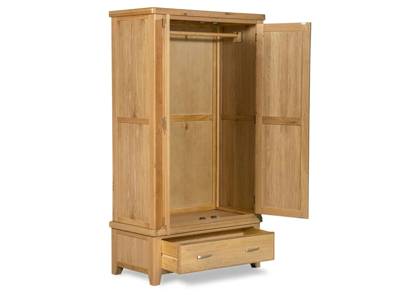 Oak 2-door wardrobe open showing hanging rail and single lower storage drawer