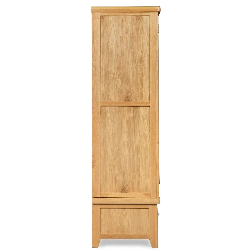 Side view of oak 2-door wardrobe with panel detailing and wood grain finish
