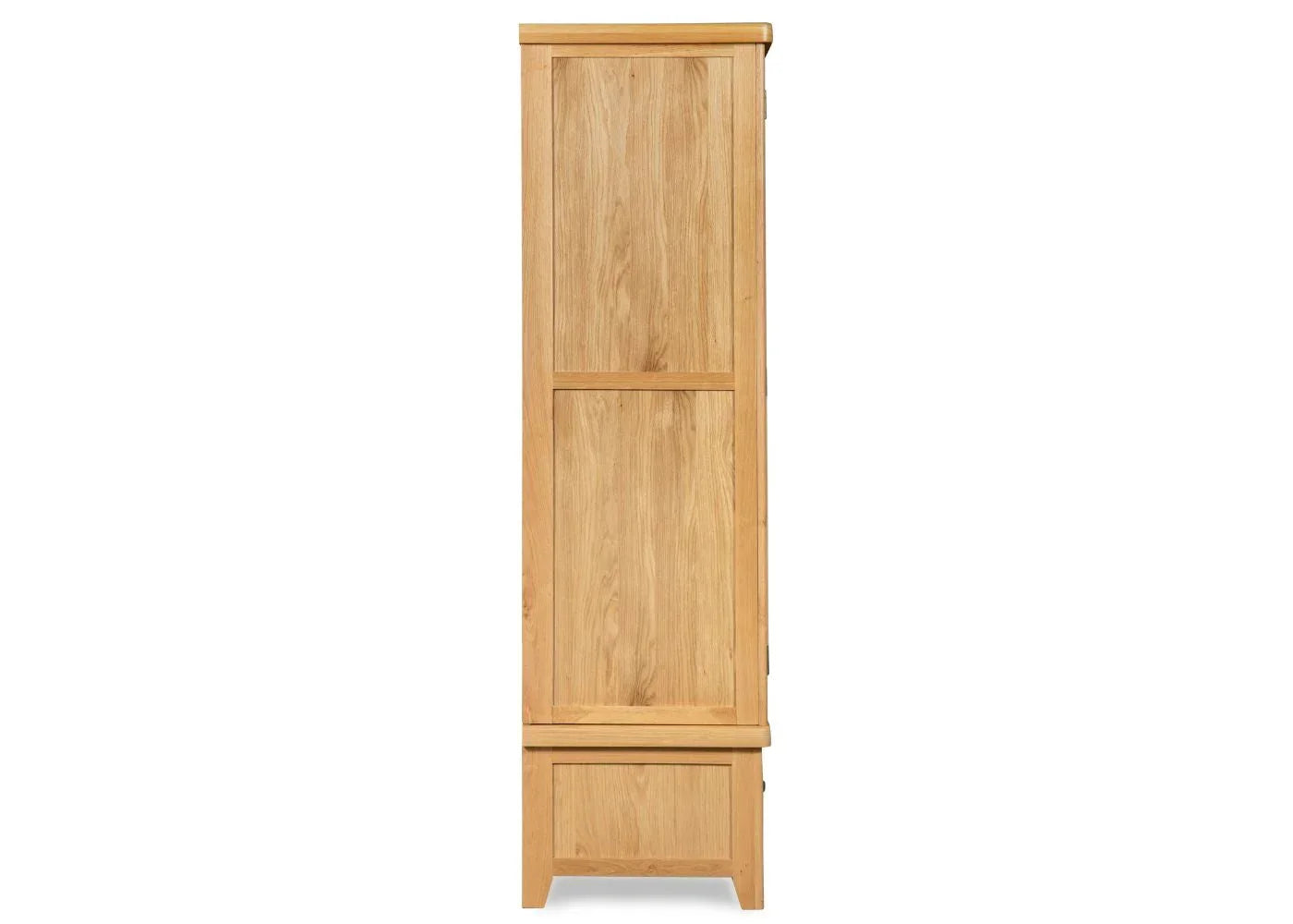 Side view of oak 2-door wardrobe with panel detailing and wood grain finish