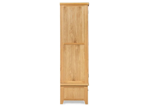 Side view of oak 2-door wardrobe with panel detailing and wood grain finish