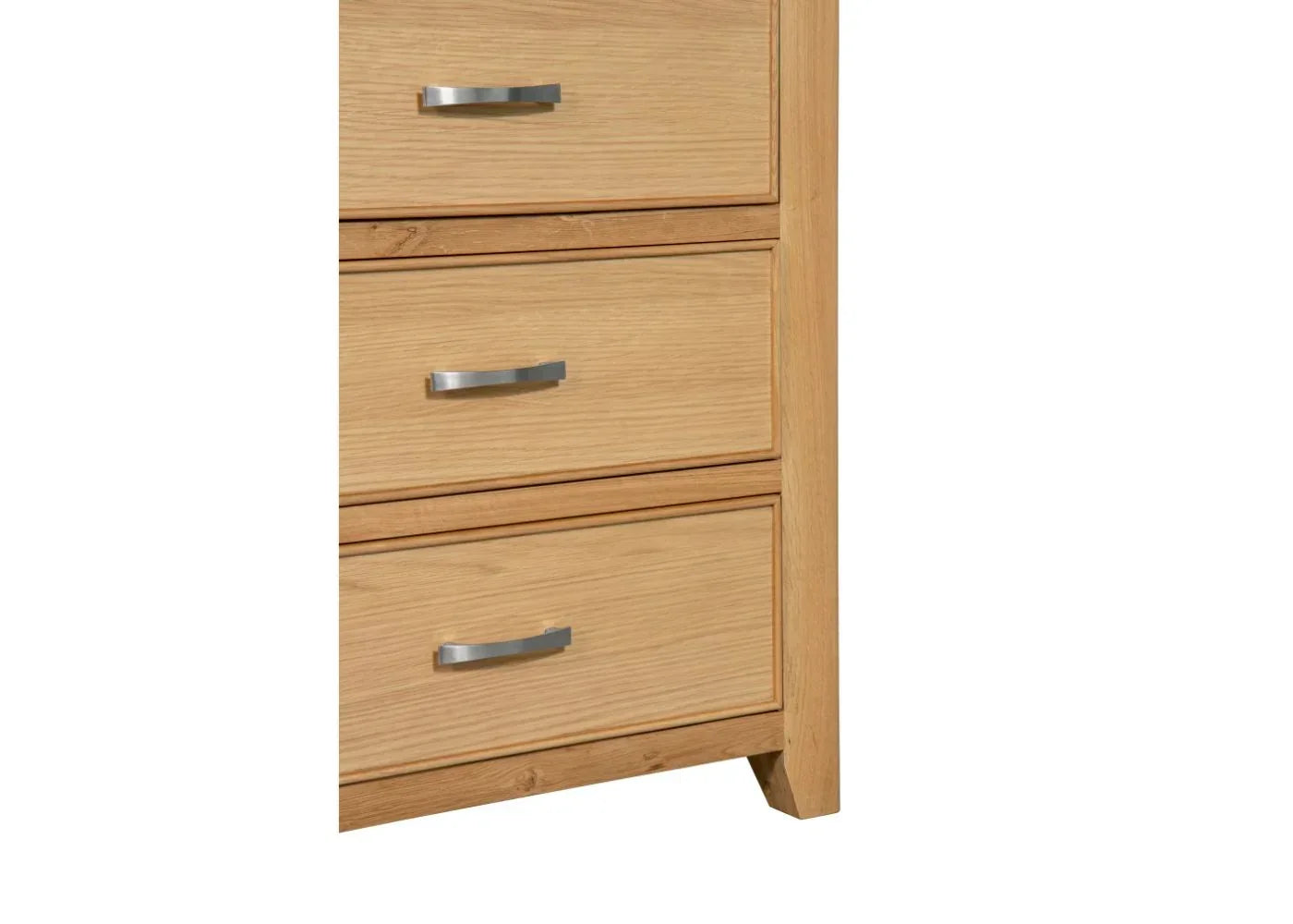 Oak chest of drawers lower section with three metal handles and natural wood grain finish