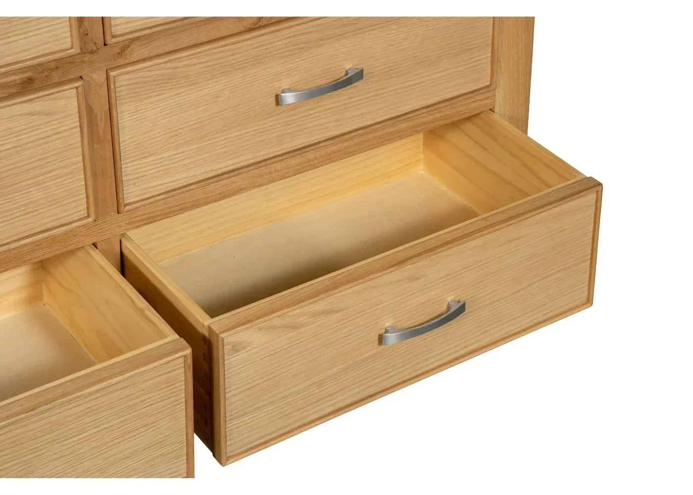 Sligo 6 drawer chest in light wood finish with bottom drawers open, silver handles visible