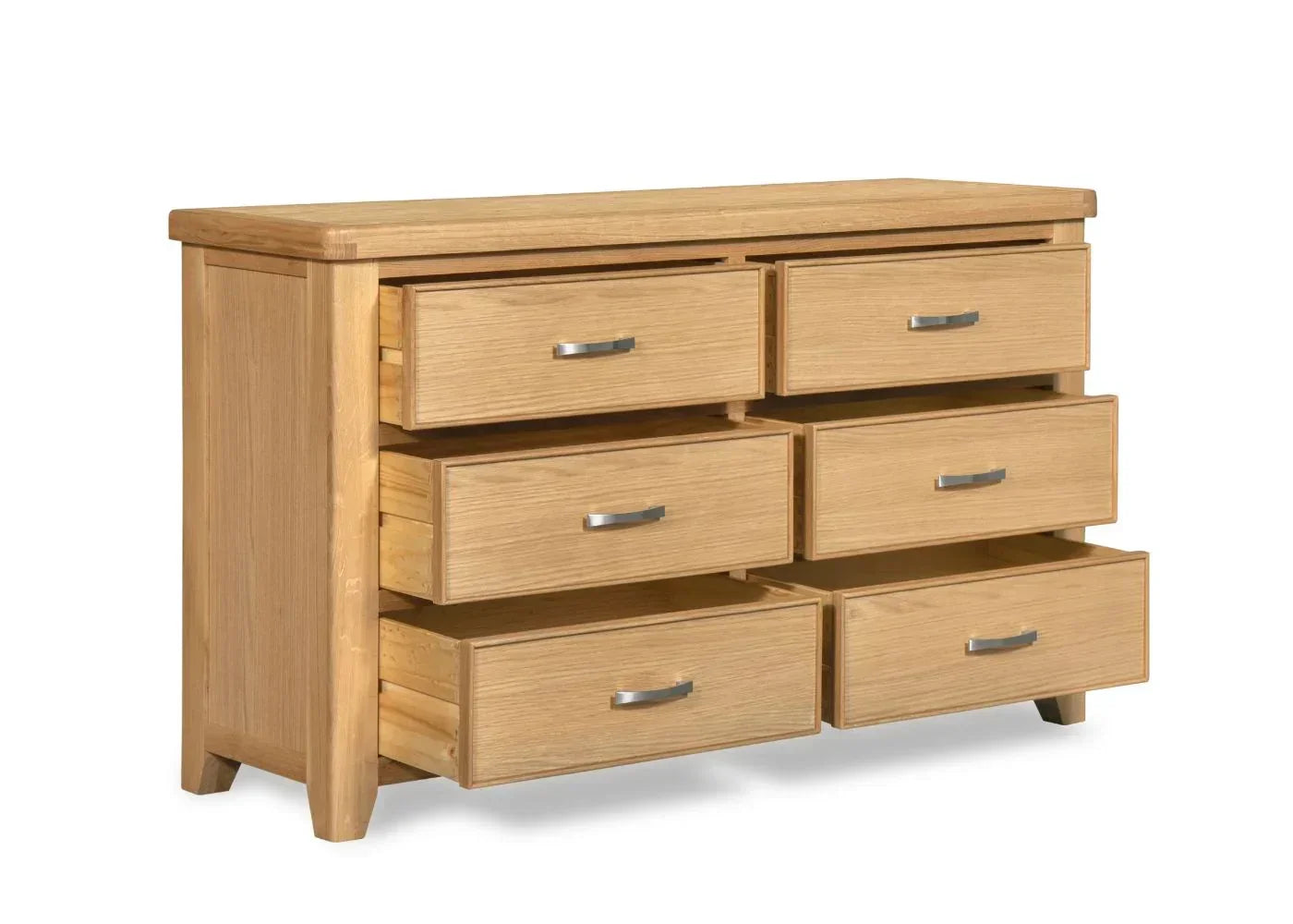 Oak 6 drawer chest with silver handles, all drawers open, side angle view