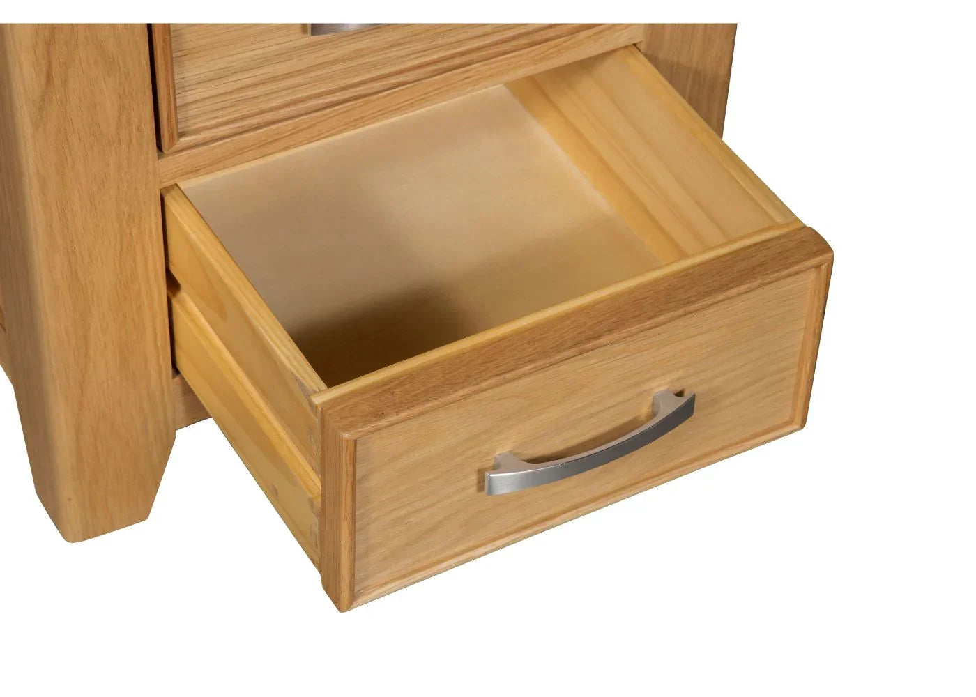 Oak bedside table with bottom drawer open and metal handle detail