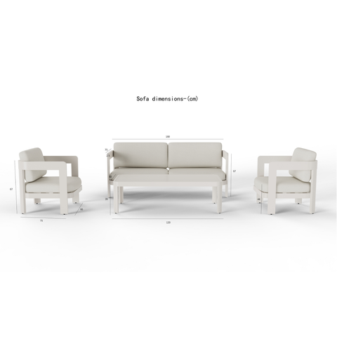 Cream fabric cushions on white wooden armchairs and two-seater sofa with matching coffee table.