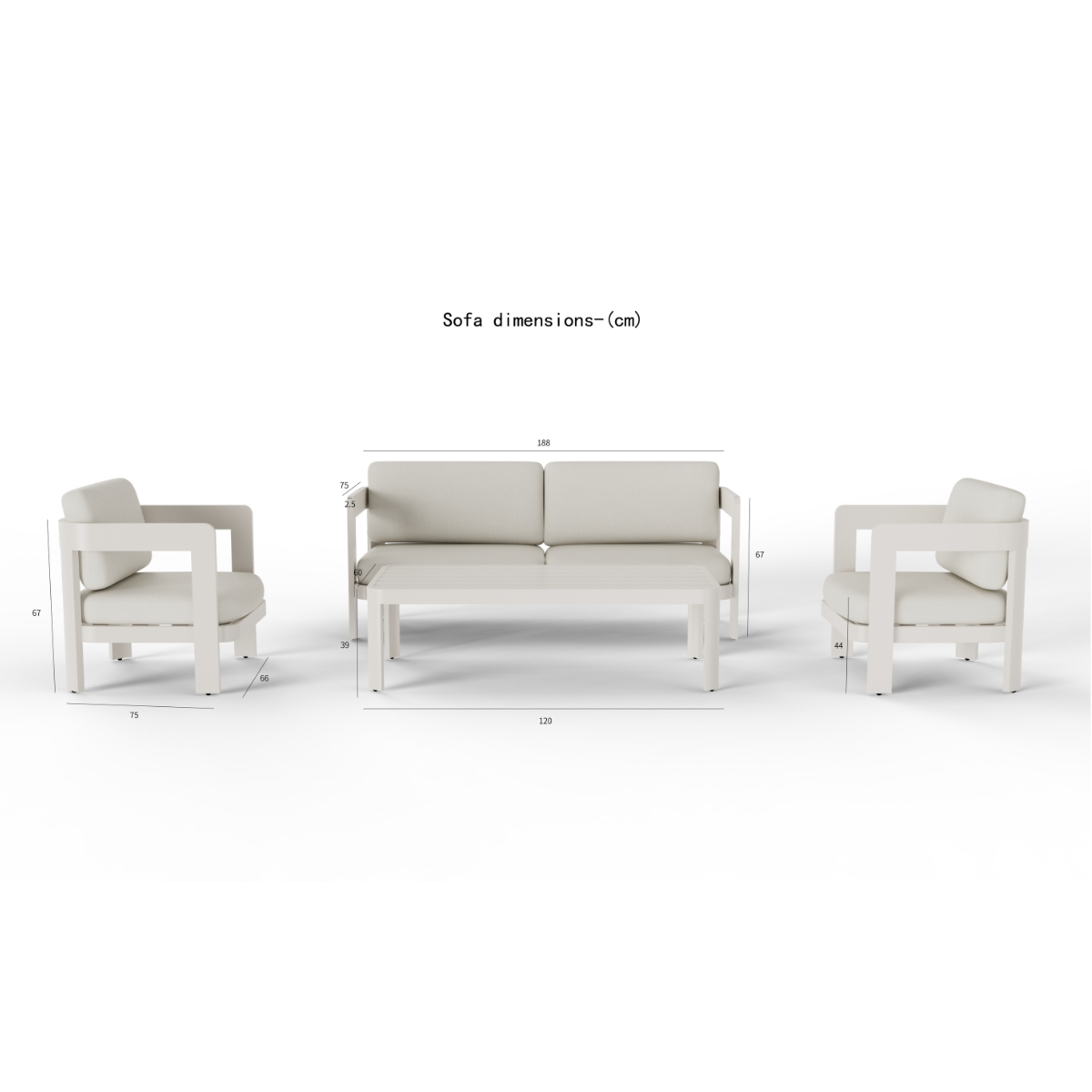 Cream fabric cushions on white wooden armchairs and two-seater sofa with matching coffee table.