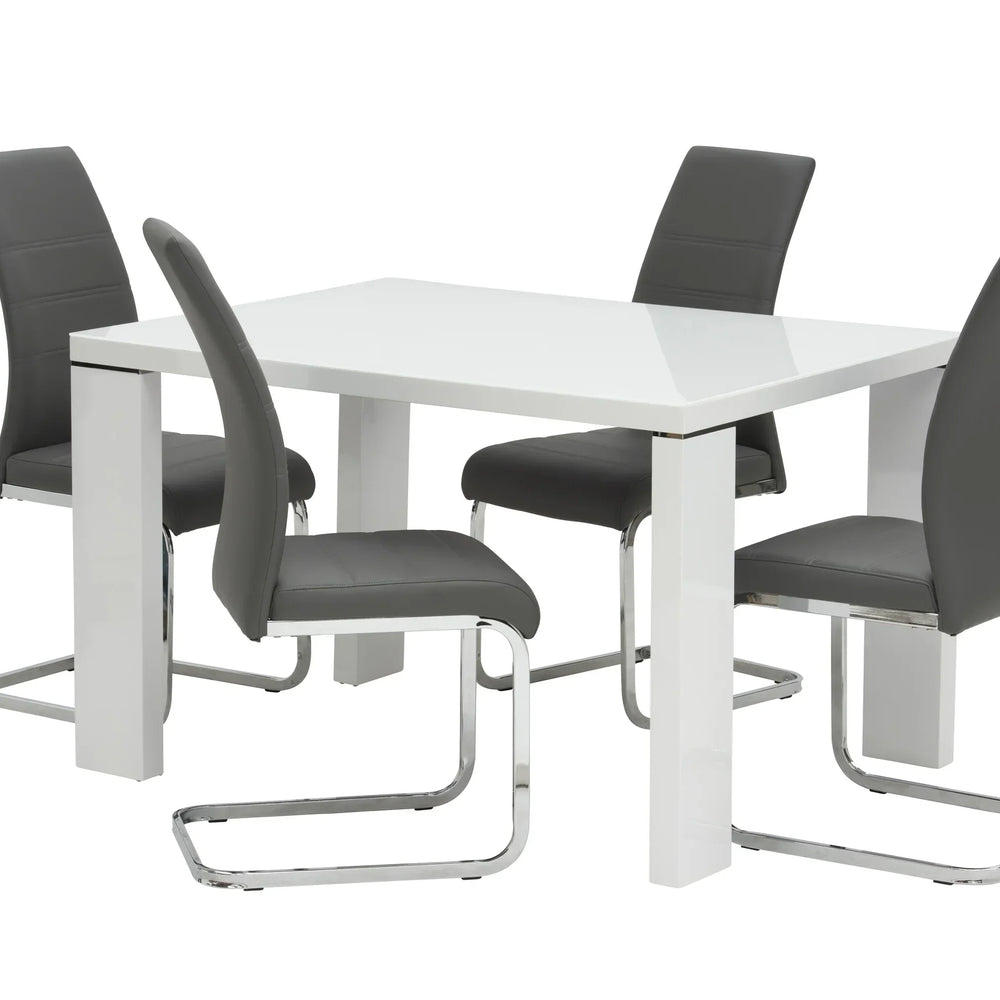 White square dining table with four grey faux leather chairs and chrome legs