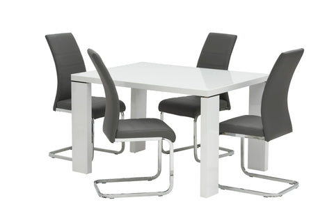 White square dining table with four grey faux leather chairs and chrome legs