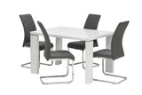 White square dining table with four grey faux leather chairs and chrome legs