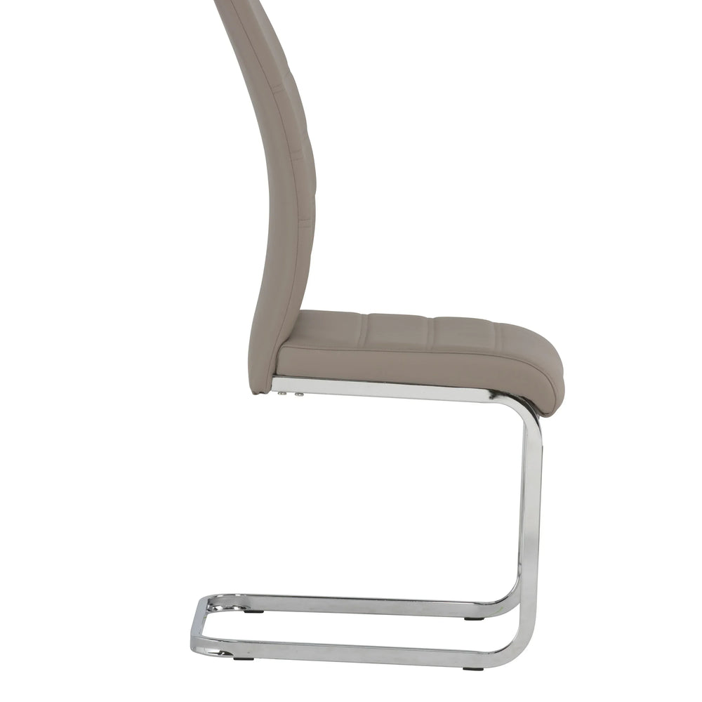 Cappuccino faux leather dining chair with chrome cantilever frame, side profile view