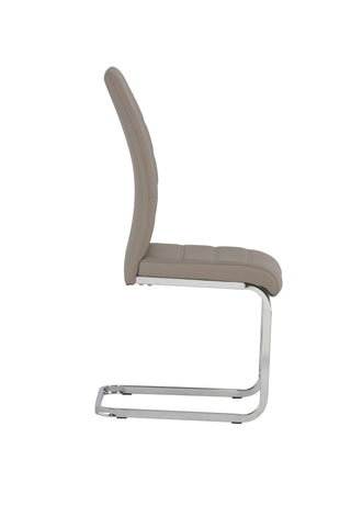 Cappuccino faux leather dining chair with chrome cantilever frame, side profile view