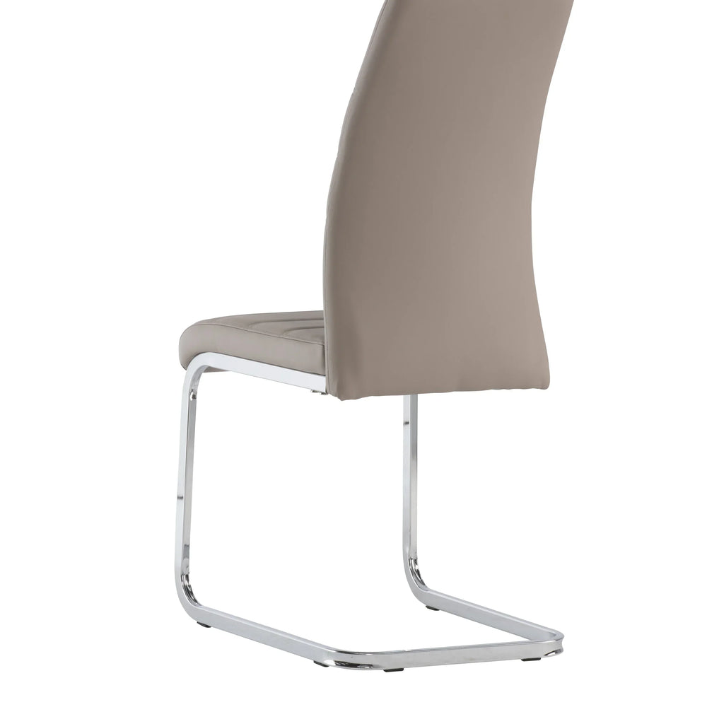 Cappuccino dining chair with chrome cantilever legs, angled rear view