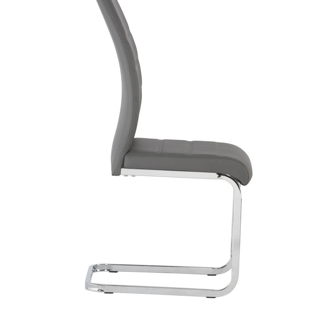 Grey dining chair with chrome cantilever base side view