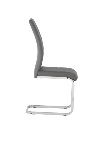 Grey dining chair with chrome cantilever base side view
