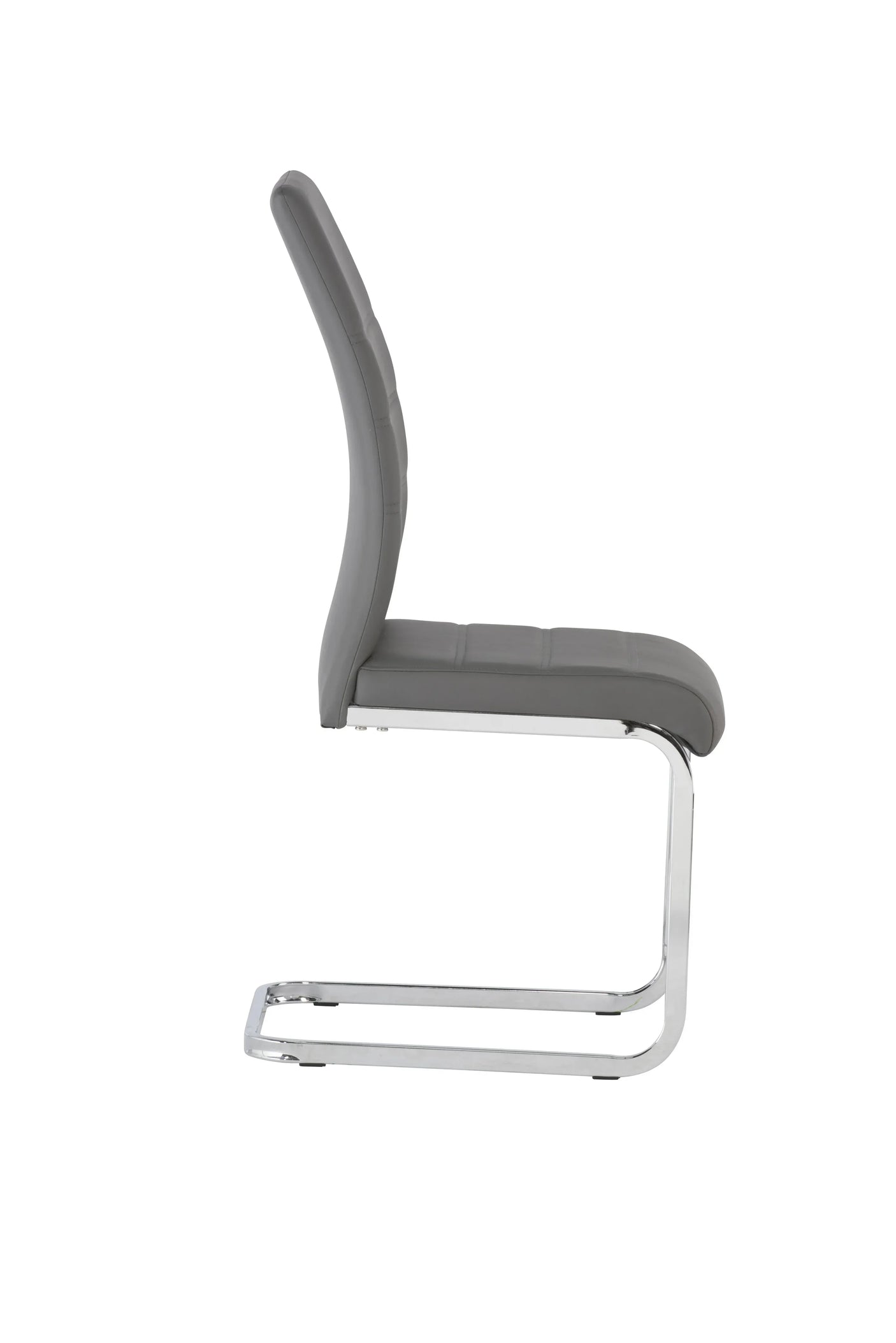 Grey dining chair with chrome cantilever base side view