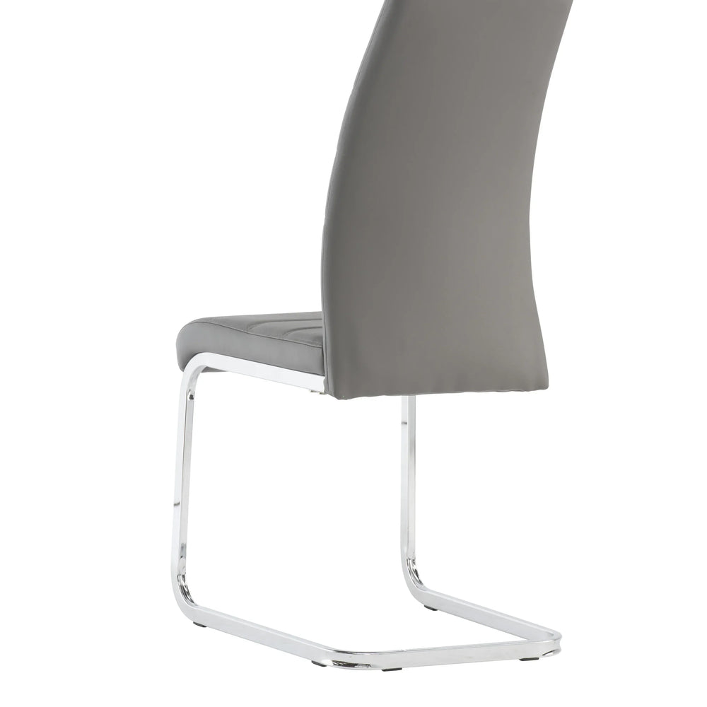 Grey dining chair with chrome cantilever base, rear angle view