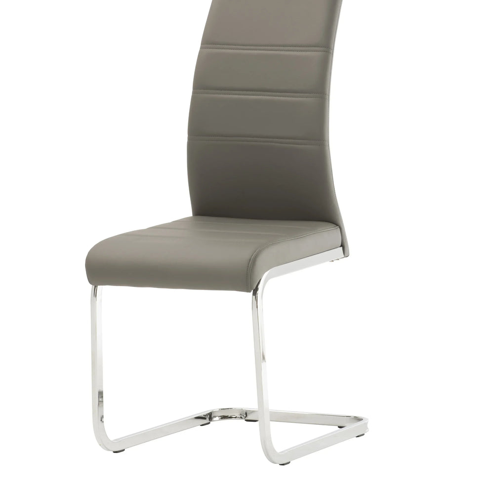 Grey faux leather dining chair with chrome cantilever frame and stitched backrest