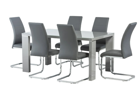 Grey dining table set with six faux leather chairs and chrome legs on white background