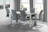 Grey dining table set with six chrome frame chairs in a modern dining room
