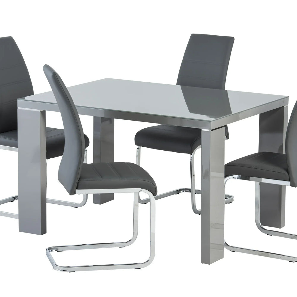 Grey dining table with high gloss finish and four matching faux leather chairs