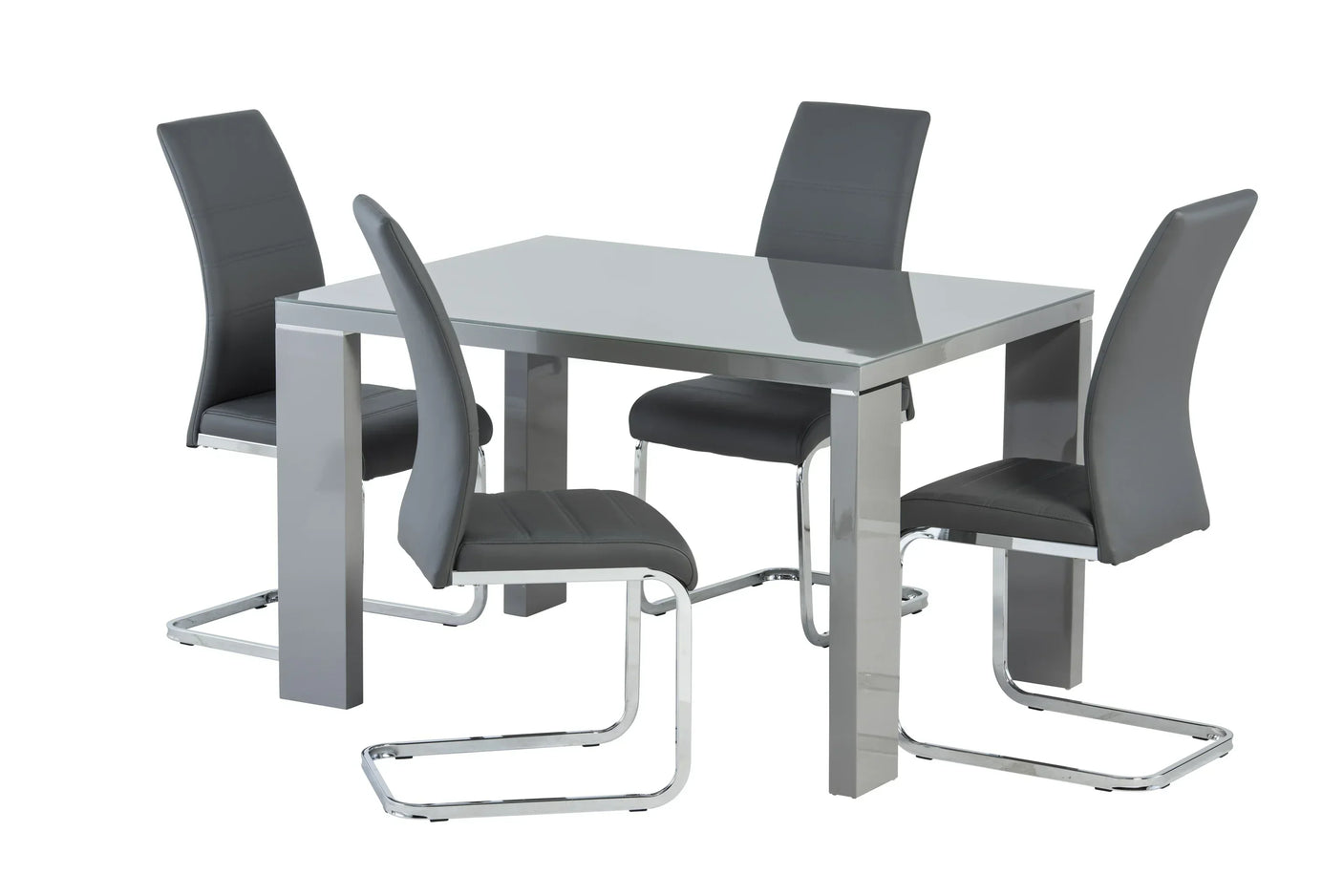 Grey dining table with high gloss finish and four matching faux leather chairs