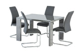 Grey dining table with high gloss finish and four matching faux leather chairs