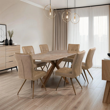 Elegant 1.8m Light Brown Marble Dining Table with Brass Legs